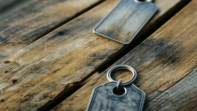 Two silver keychains sit on a wooden surface