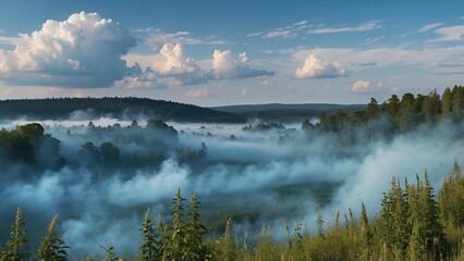 Fototapeta premium Summer Landscape with Forest, Sky, Grass, and Greenery in Fog 