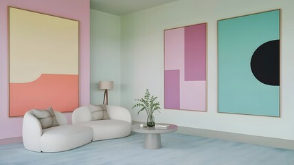 Minimalist room with pastel paintings and light blue rug