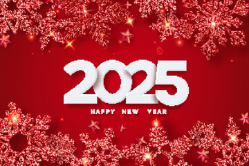 2025 numbers, decor and glowing snowflake. Happy New Year 2025 greeting card. Sparkling snowflakes with glitter texture