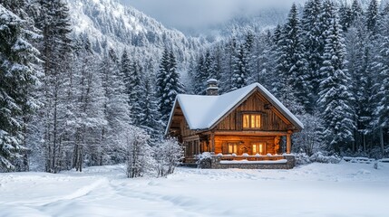 A cozy, rustic cabin in the mountains, surrounded by snow-covered trees, cozy atmosphere, close up