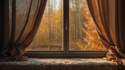 Window with Brown Curtains Overlooking Autumn Landscape