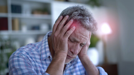 A middle-aged man is holding his head in pain, indicating a severe headache or possible migraine..This image emphasizes the struggle and discomfort of experiencing a headache or neurological issue.