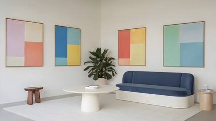 Minimalistic room with pastel paintings, blue sofa, and white rug