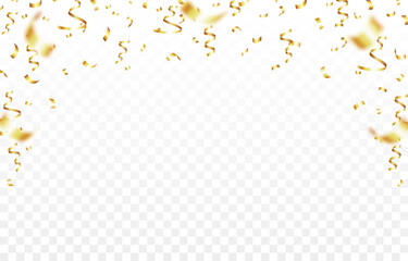 Vector golden confetti falling from above on an isolated transparent background. Suitable for Christmas or holiday scenes. Confetti PNG.
