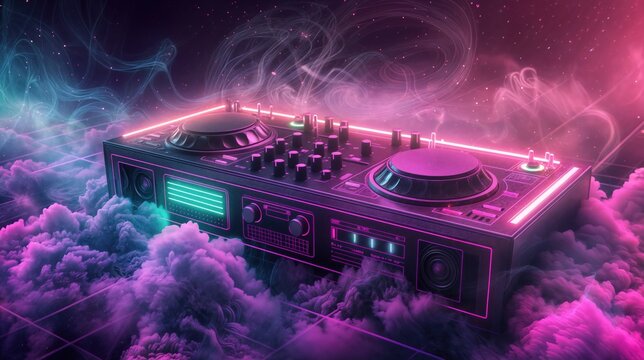 Futuristic neon DJ deck floating among colorful clouds in a cosmic atmosphere