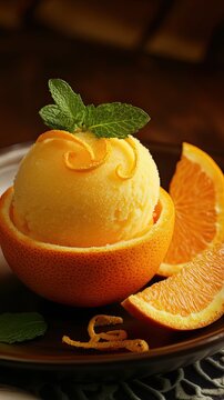 Vertical format, Delicious orange sorbet served in a halved orange with zest garnishing, 