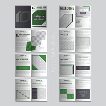 Green 16 page minimalist corporate business presentation brochure template, Annual report, A4 size.