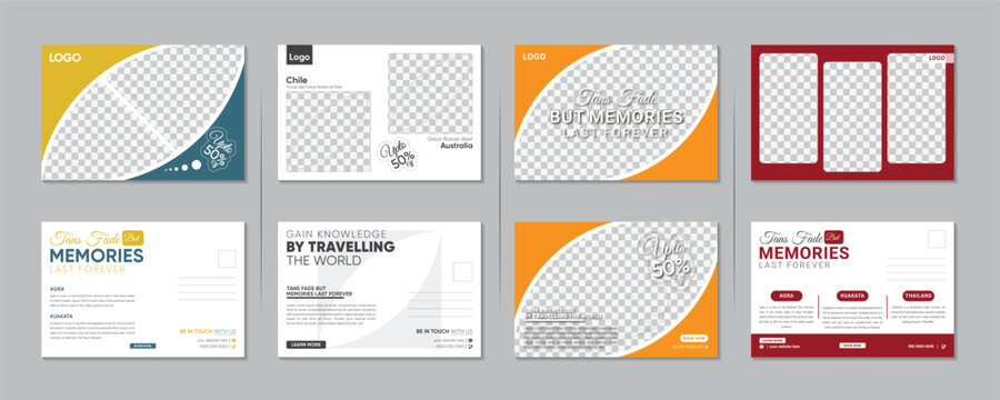 Travel Company Postcard Set. Postcard Layout with colorful Accents. Modern Travel Postcard Design Bundle Template.