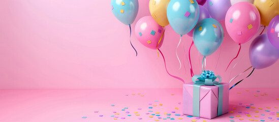 Gift boxes with ribbons and bows and multicolor balloons on a pink background in New Year's festival
