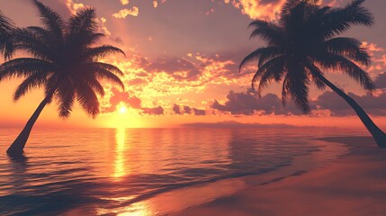 Vibrant sunset over tropical beach framed by palms picture