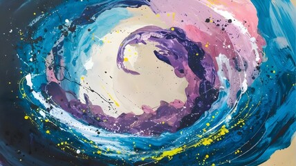 Vortex of deep blue, purple, and pink tones with white and yellow splatters