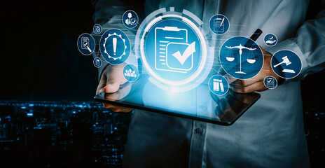 Compliance rule law and regulation graphic interface for business quality policy planning to meet...