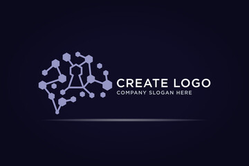 brain tech with abstract lock logo design use dot molecule concept