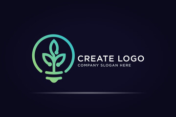 bulb leaf technology logo design use line concept