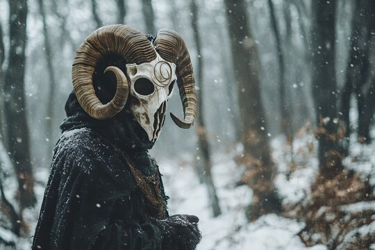 Shaman in goat animal skull in black cloak in snowy forest. Mystical occult ritual. Pagan Christmas, Winter solstice, New Year celebration. Scandinavian culture. Yule tradition. Banner with copy space