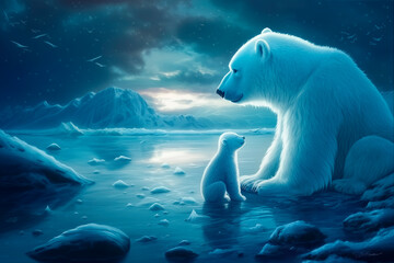 Fototapeta premium Polar bear and her cub in the serene Arctic landscape at sunset.
