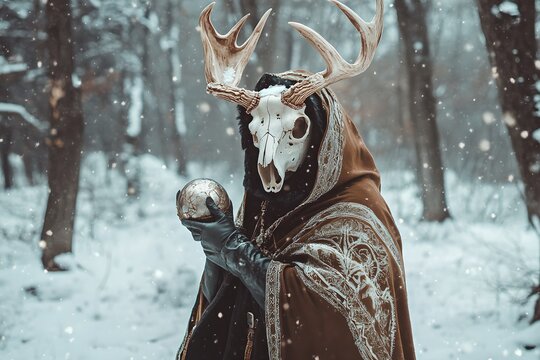 Shaman in deer animal skull holding sacred artifact in cloak in snowy forest. Mystical occult ritual. Pagan Christmas, Winter solstice, New Year celebration. Scandinavian culture. Yule tradition.