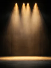 Fotobehang A dramatic spotlight scene with three beams of warm light illuminating a misty, dark stage, perfect for theatre productions, dance performances, or photography backdrops © nattapon