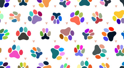 Seamless pattern and design of colored paws on white background. Paw prints. Cat paw, dog's paw. Vector cute paw cat and dog seamless pattern. Template textile, paper, scrapbooking, background. © Anatoliy