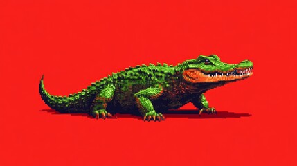 Obraz premium Pixel art of a green crocodile on a red background