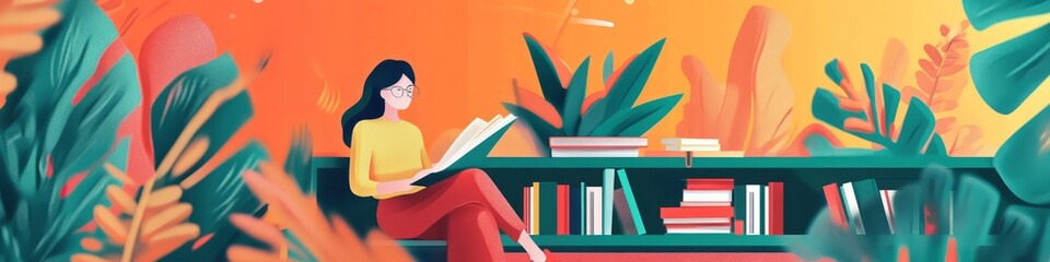 Autumnal Reading Nook: Woman engrossed in book, surrounded by vibrant foliage and bookshelves in an illustration style. Evokes warmth, peace, and intellectual curiosity.