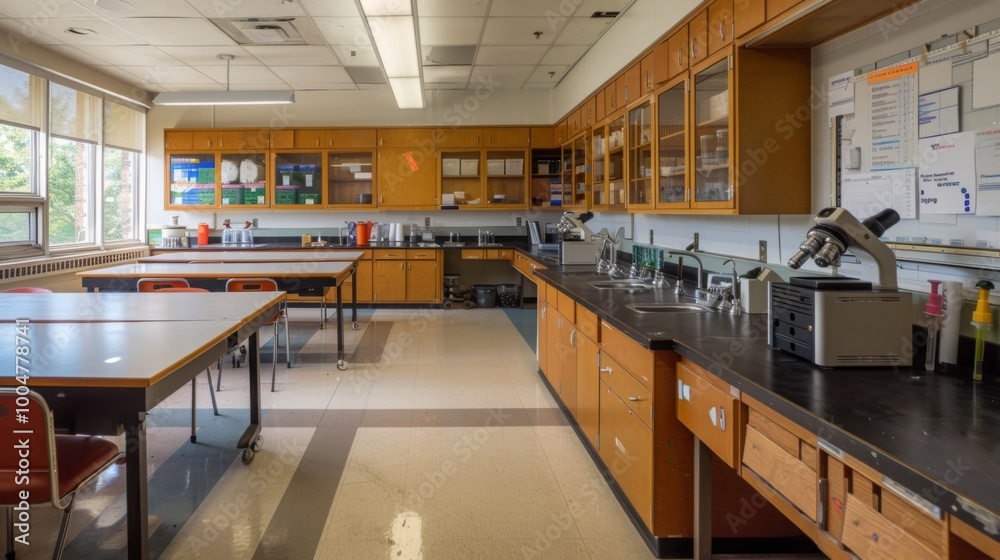 Aufkleber A sterile science lab with tables and chairs devoid of any activity or experiments.