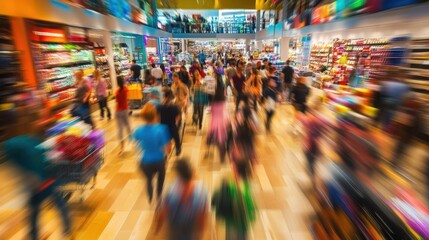 Crowded store scene with shoppers rushing and competing for discounted products capturing the excitement and frenzy of retail shopping.