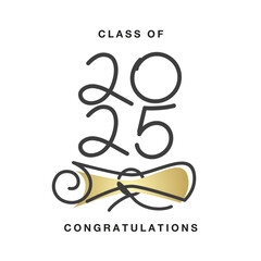 Class of 2025 congratulations. New unique modern handwritten line design numbers with golden diploma on white background