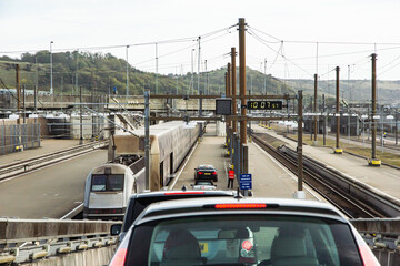 Queue of cars waiting in Folkestone to board the channel tunnel shuttle to France or Calais