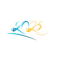 Neon golden and blue glow letters 2025. Vector glitter design element for holiday cards, Christmas or New Year party organizer headliner, banner, poster, web. Template for 2025 year