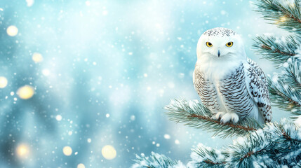 Obraz premium Majestic snowy owl with serene gaze perched on Christmas pine branch against wintry snowfall background with copy space.