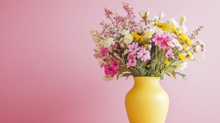 Yellow vase with vibrant spring flowers against pink background, minimalist decor concept