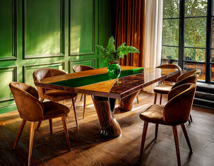 Luxurious Green Dining Room with Modern Wood Table