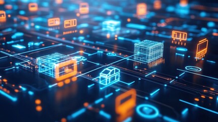Obraz premium Abstract digital interface with simplified icons and data flow graphics, representing logistics and supply chain management software, ideal for technology, business solutions, and efficiency themes.