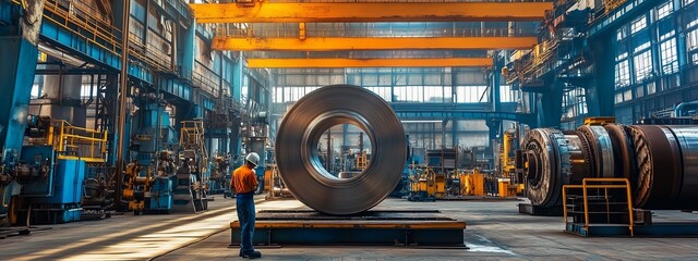A worker inspects a large metallic ring inside a bustling industrial workshop during daytime hours