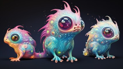 Colorful Cosmic Creatures on Black Background. Alien Beings. Fantasy Concept Art