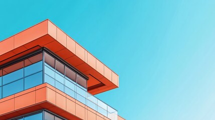 Stylish modern architecture with sharp orange geometric roofline and reflective glass under clear sky, ideal for design magazines and urban development themes.