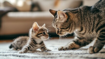 Obraz premium A playful kitten pouncing around its mother in a cozy living room setting. The mother cat watches lovingly as the little one explores its surroundings.