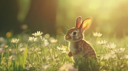 Obraz premium A tiny baby bunny hopping around its mother in a grassy meadow filled with wildflowers, the soft sunlight casting a gentle glow over the playful scene.