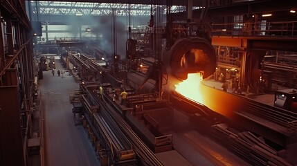 Metalworking in a steel mill during the day with molten metal being poured into molds and workers operating machinery