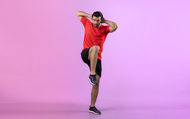 Full body length gaiety shot athletic and sporty young man with fitness warmup and stretching body for pre exercise posture on isolated background. Healthy active and body care lifestyle.