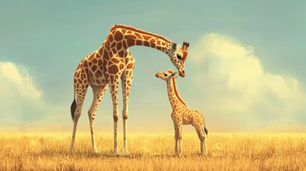 Obraz premium Illustration of a sweet baby giraffe standing beside its towering mother in an open savannah, the baby looking up with curiosity as the mother leans down gently.