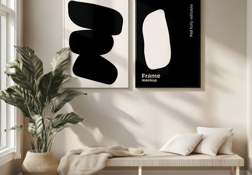 Two Picture Frames in a Bright Interior Mockup with Generative AI
