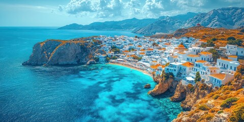 Aerial View of Greek Island in Cyclades, Rugged Coastline, Whitewashed Buildings, Deep Blue Aegean Sea, Serene Bay, Mediterranean Beauty, Summer Sky, Panoramic Landscape, Adventure & Exploration