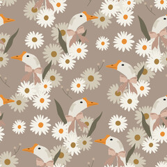 Geese vector wallpaper on beige background. Seamless pattern in Cottagecore style perfect for fabric design, paper, wallpaper, wraping
