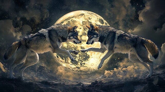 Fierce wolves battling in front of planet earth picture