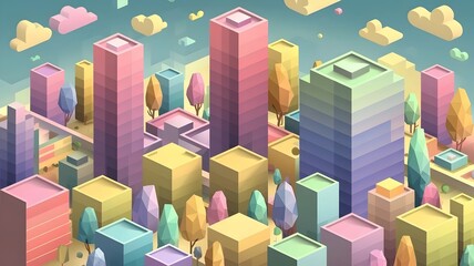 Fototapeta premium Geometric pastel cityscape with varied building shapes