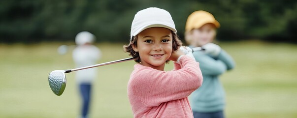 Children practicing golf swings, echoing future precision, early training in technique