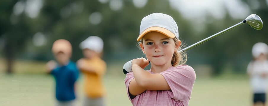 Children practicing golf swings, echoing future precision, early training in technique